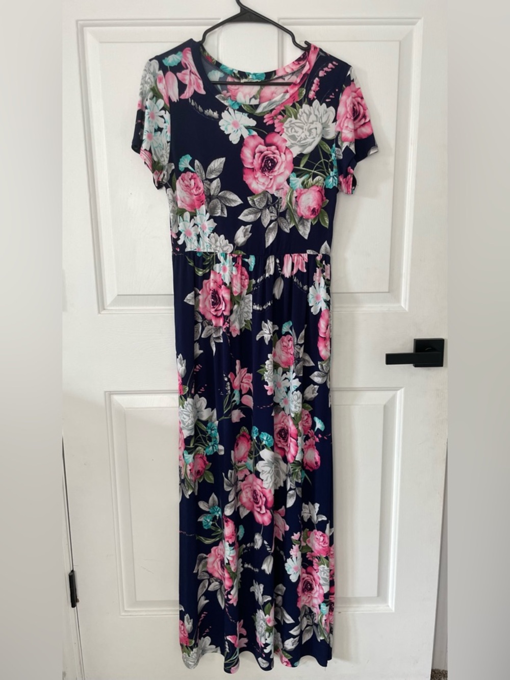 Navy Floral Maxi Dress with Pink Rose Print